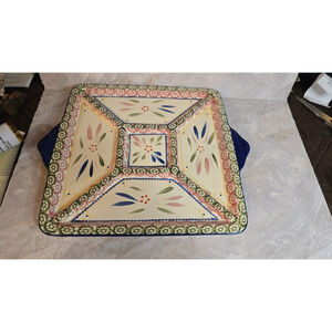 Temptations Old World Confetti Blue Edge Divided Square Platter Beautiful 11.5"
